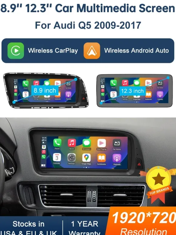 8,9-calowy dotykowy ekran multimedialny Road Top do Audi Q5 2009-2017 z funkcją Airplay, Miracast, bezprzewodowym Carplay i Android Auto
