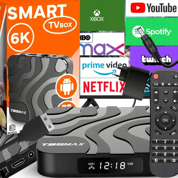 Retoo SMART TV BOX T95MAX ANDROID 9 64BIT 6K WIFI HDR USB 3.0 + PILOT KABEL HDMI
