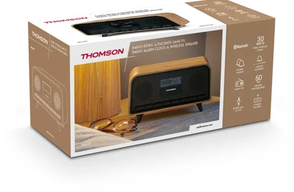 Thomson Głośnik drewniany bezprzewodowy COSY Bluetooth Radio FM Alarm LCD 30W